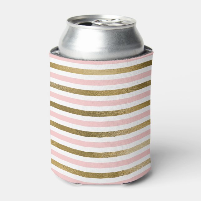 Girly Blush Pink, White and Gold Foil Pattern Can Cooler (Can Front)