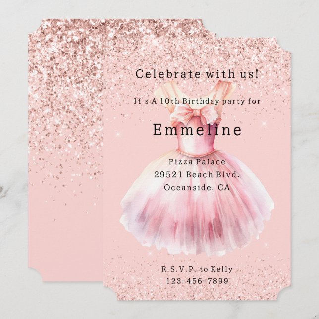 Girly Blush Pink White Glitter Ballet Dress Invitation (Front/Back)