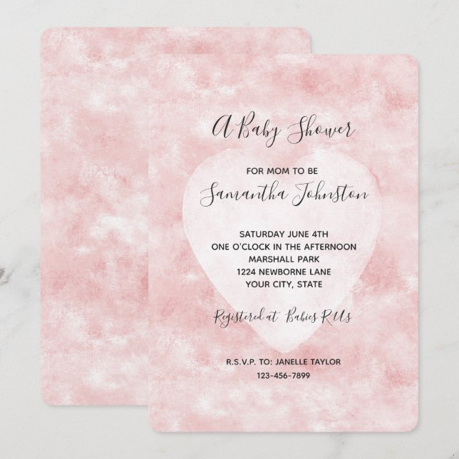 Girly Blush Pink White Heart Baby Shower Invitation (Front/Back)