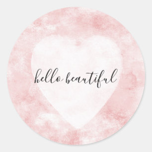 Girly Blush Pink White Watercolor Heart Classic Round Sticker