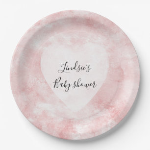 Girly Blush Pink White Watercolor Heart Paper Plate