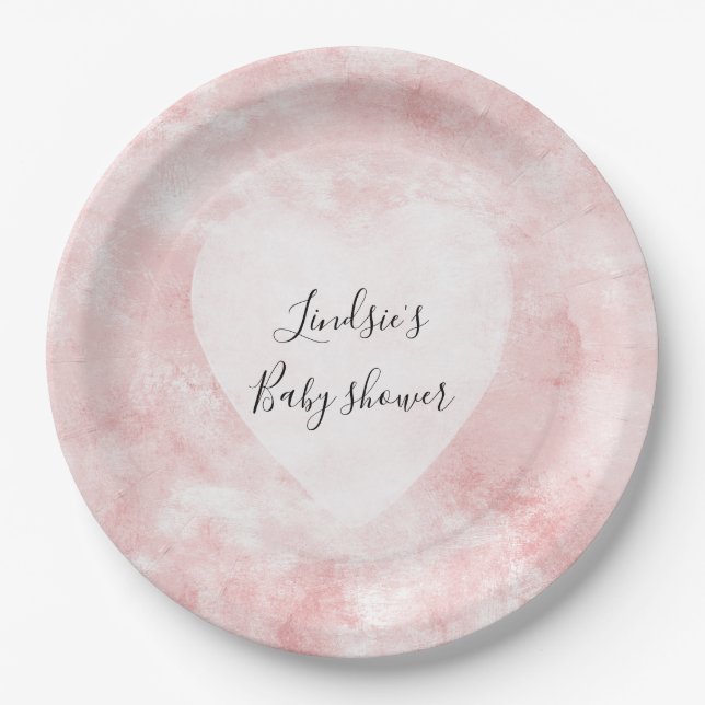 Girly Blush Pink White Watercolor Heart Paper Plate (Front)