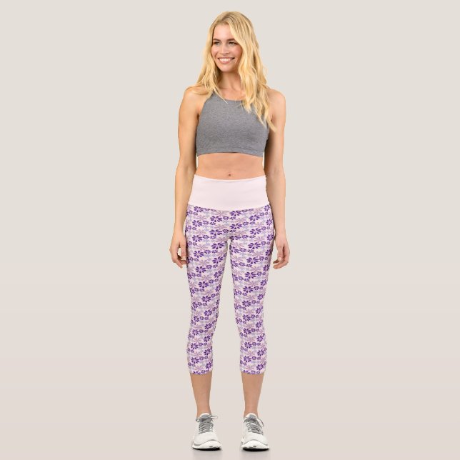 Girly Blush Purple Violet Flower Garden Doodle Capri Leggings (Front)
