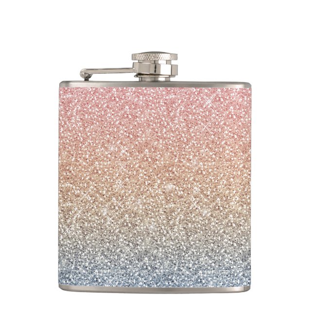 Girly Blush Rose Gold Blue Ombre Glitter Sparkles Hip Flask (Front)