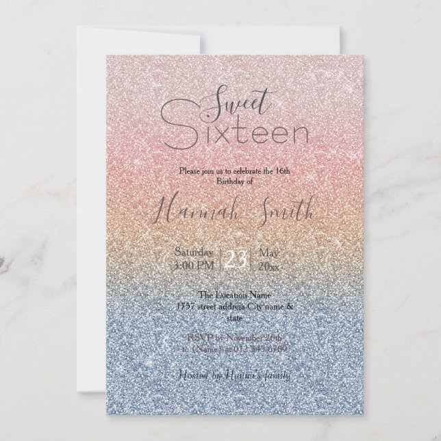 Girly Blush Rose Gold Blue Ombre Glitter Sparkles Invitation (Front)