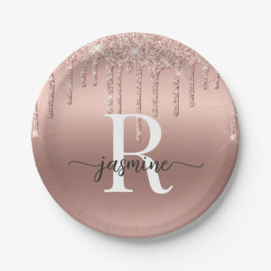 Girly Blush Rose Gold Glitter Dripping Monogram Paper Plate
