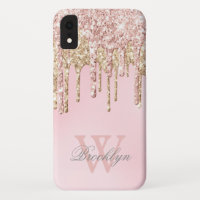 Girly Blush Rose Gold Glitter Drips Monogrammed