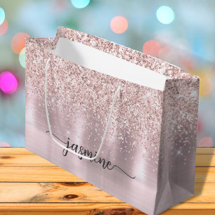 Girly Blush Rose Gold Glitter Monogram Name Script Large Gift Bag