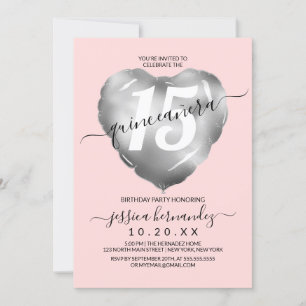 Girly Blush Silver Foil Heart Balloon Quinceañera Invitation