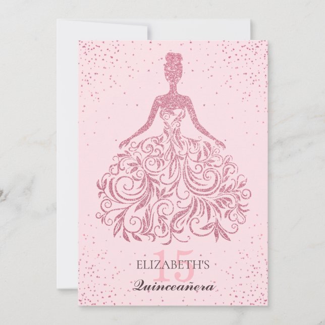 Girly Blush Sparkle Dress Quinceañera Glitter Pink Invitation (Front)