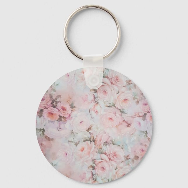 Girly blush tones pink boho country floral key ring (Front)