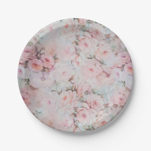 Girly blush tones pink boho country floral paper plate (Front)