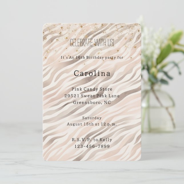 Girly Blush Zebra Gold Confetti Sparkle Birthday Invitation (Standing Front)