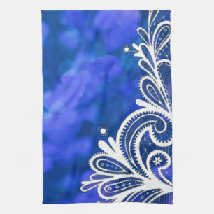 Girly bohemian chic blue floral white lace tea towel