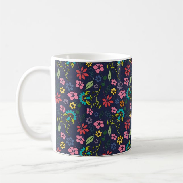 Girly Bohemian Flowers Navy Blue and Pink Coffee Mug (Left)
