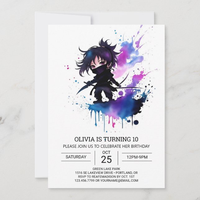 Girly Bohemian Ninja Girl Birthday Invitation (Front)