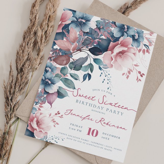 Girly Boho Blue Floral Sweet 16 Birthday Party Invitation (Girly Boho Blue Floral Sweet 16 Birthday Party Invitation)