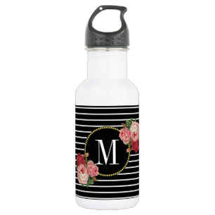Girly Boho Classy Black Striped Floral Monogram 532 Ml Water Bottle