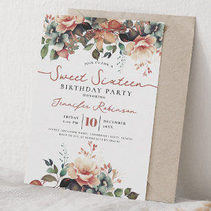 Girly Boho Fall Floral Sweet 16 Birthday Party Invitation