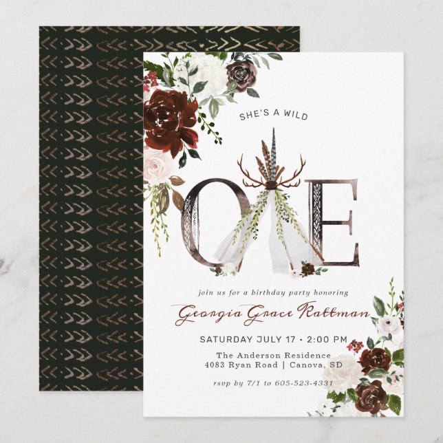 Girly Boho Floral Antler Tribal Wild One Birthday Invitation (Front/Back)