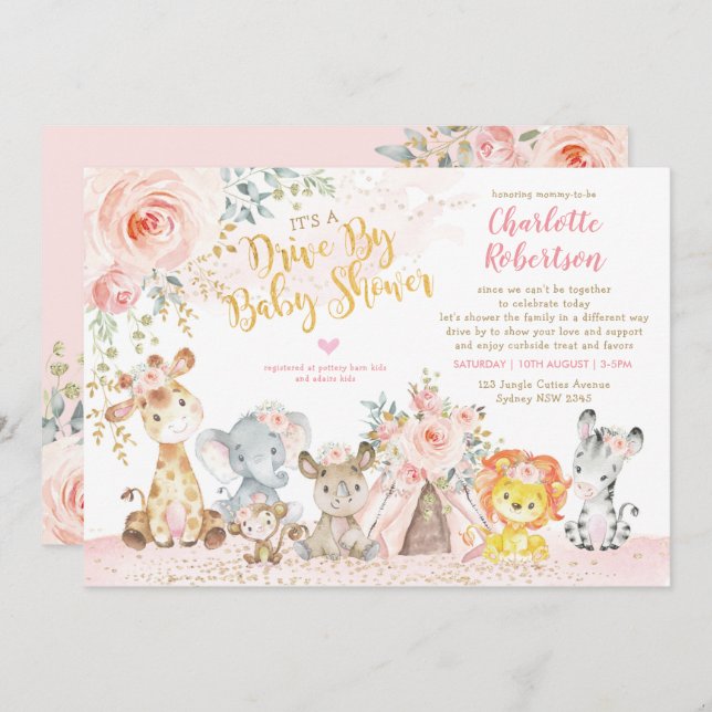 Girly Boho Jungle Animals Drive By Baby Shower Invitation (Front/Back)