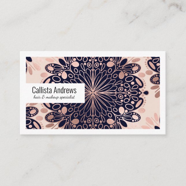 Girly Boho Rose Gold Blush Pink Navy Mandalas Business Card (Front)