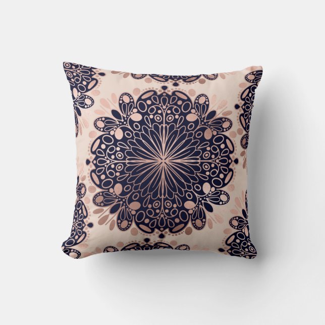 Girly Boho Rose Gold Blush Pink Navy Mandalas Cushion (Front)