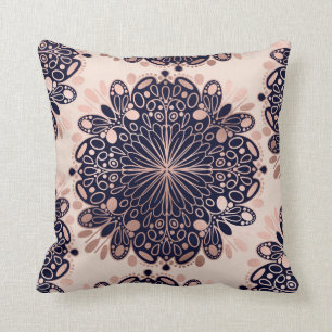 Girly Boho Rose Gold Blush Pink Navy Mandalas Cushion