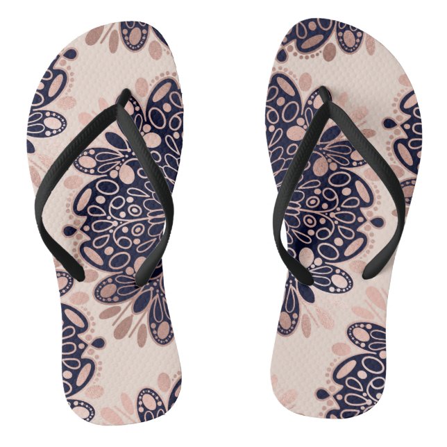 Girly Boho Rose Gold Blush Pink Navy Mandalas Flip Flops (Footbed)