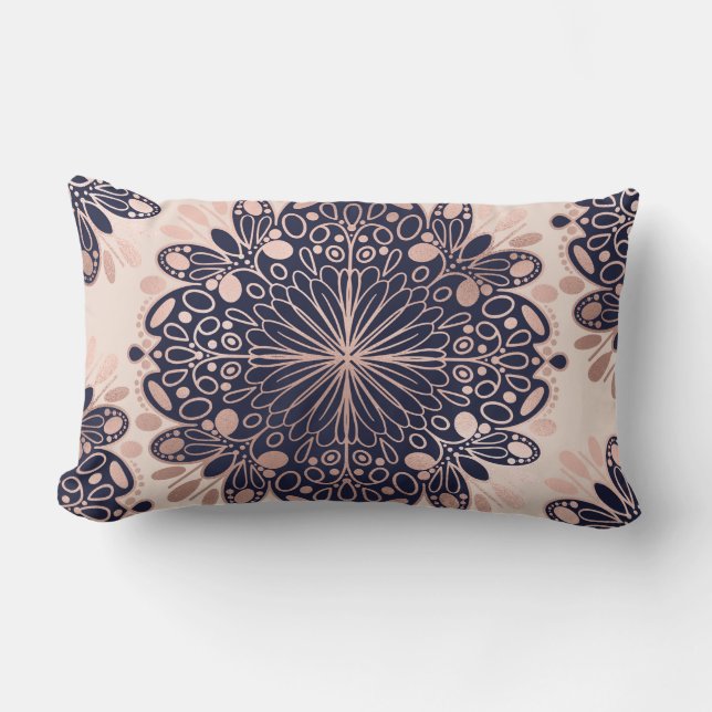 Girly Boho Rose Gold Blush Pink Navy Mandalas Lumbar Cushion (Front)