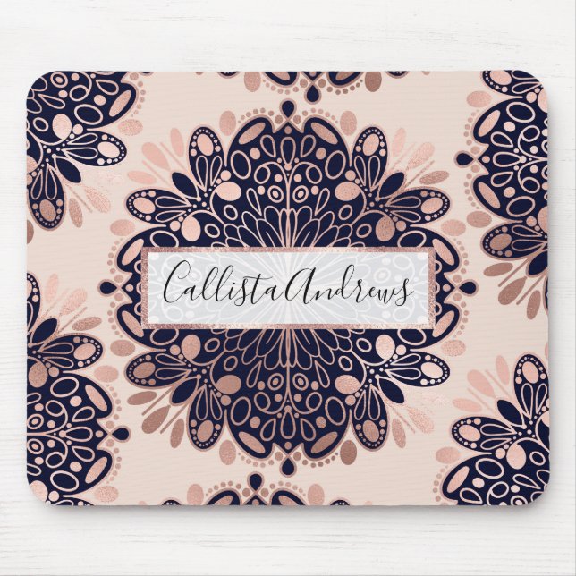 Girly Boho Rose Gold Blush Pink Navy Mandalas Mouse Mat (Front)