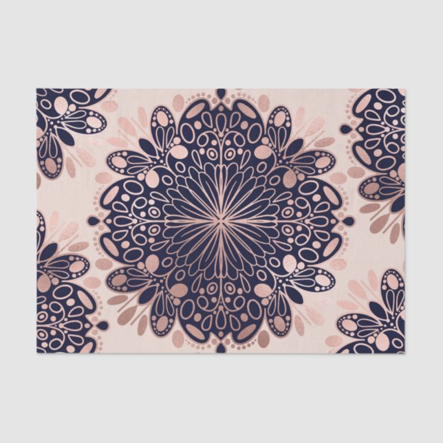 Girly Boho Rose Gold Blush Pink Navy Mandalas Tissue Paper (Front)