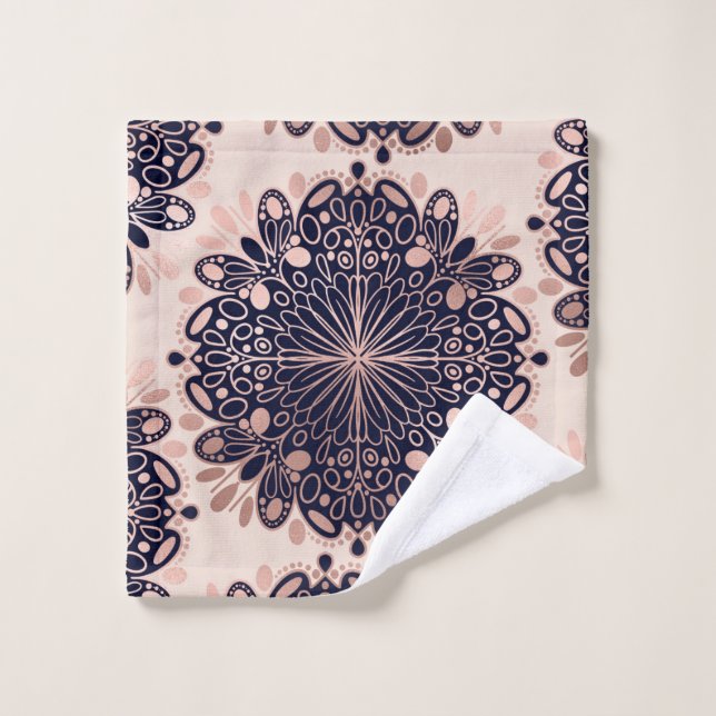 Girly Boho Rose Gold Blush Pink Navy Mandalas Wash Cloth (Wash Cloth)