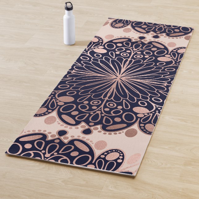 Girly Boho Rose Gold Blush Pink Navy Mandalas Yoga Mat (In Situ)