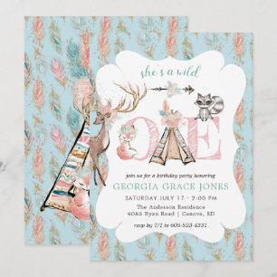 Girly Boho Wild One Birthday Party Invitation