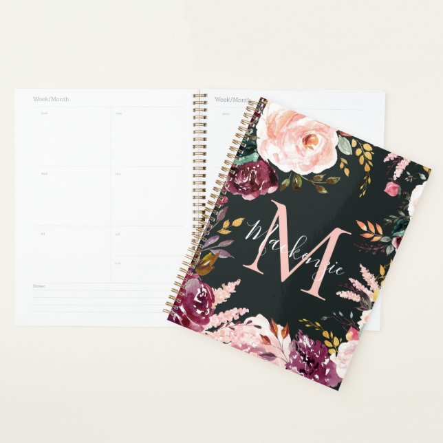 Girly Bold Pink Burgundy Gold Foil Floral Monogram Planner (Display)
