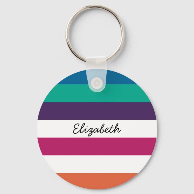 Girly Bold Rainbow Big Horizontal Stripes and Name Key Ring (Front)