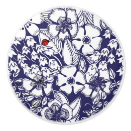 Girly Botanical Shalom Blue White Garden Drawing Ceramic Knob
