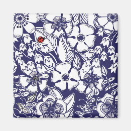 Girly Botanical Shalom Blue White Garden Drawing Magnet