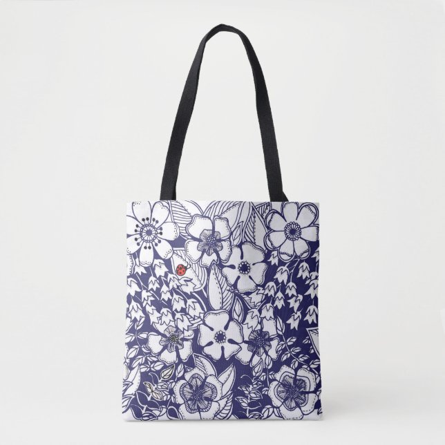 Girly Botanical Shalom Blue White Garden Drawing Tote Bag (Front)