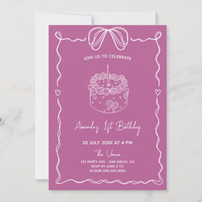 Girly Bow Cake First Birthday Invitation (Front)