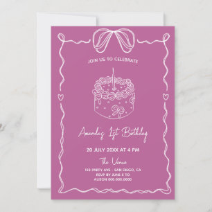 Girly Bow Cake First Birthday Invitation