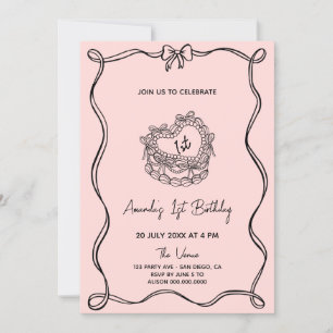  Girly Bow First Birthday Invitation