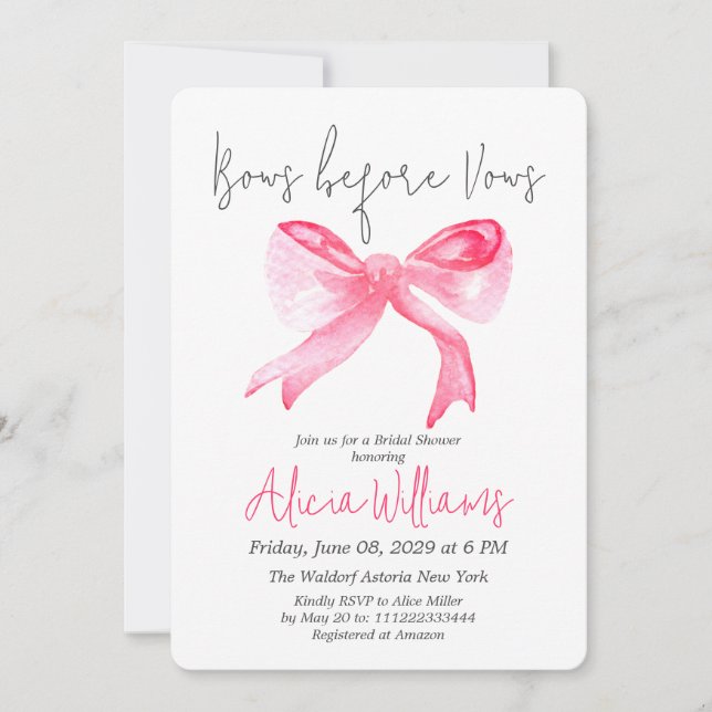 Girly Bows before Vows Ribbon Pink Bridal Shower Invitation (Front)