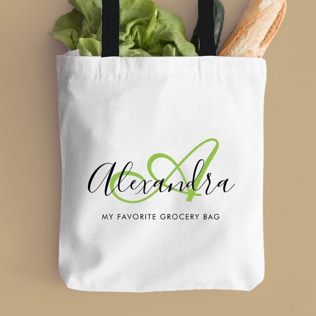 Girly Bright Green Elegant Script Name Monogram Tote Bag (Girly Bright Green Elegant Script Name Monogram Tote Bag)