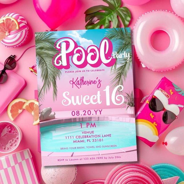 Girly Bright Hot Pink Pool Party Sweet 16 Sixteen Invitation (Girly Bright Hot Pink Pool Party Sweet 16 Sixteen Invitation)