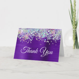 Girly Bright Indigo Purple Foil Holo Glitter Thank You Card