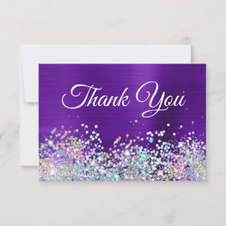 Girly Bright Purple Indigo Foil Holo Glitter Thank You Card