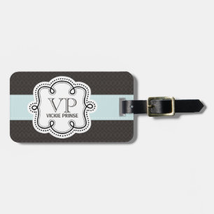 Girly Brown and Blue Pattern Doodle Monogram Luggage Tag