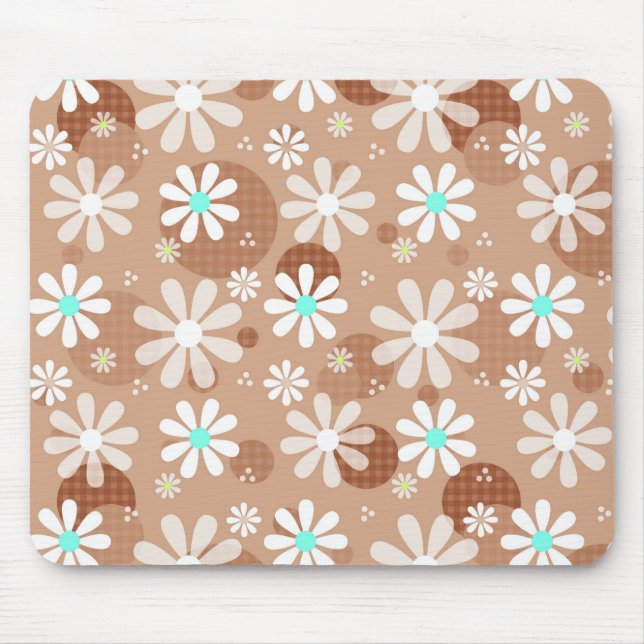 Girly Brown Daisy Flower Pattern Cute Aqua Dots Mouse Mat (Front)